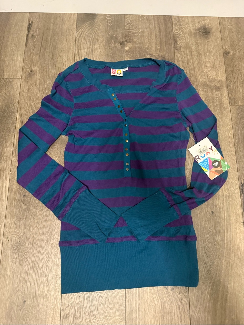 Roxy Teal and Purple Striped Long Sleeve Henley Top - Picture 6 of 12